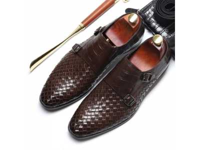 Woven Cowhide Leather Shoes Men 2021 Spring New High end British Formal Dress Shoes Men Classic Fashion Monk Shoes EU Size 38 44