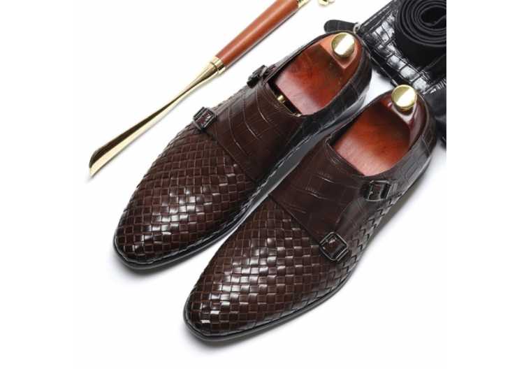 Woven Cowhide Leather Shoes Men 2021 Spring New High end British Formal Dress Shoes Men Classic Fashion Monk Shoes EU Size 38 44